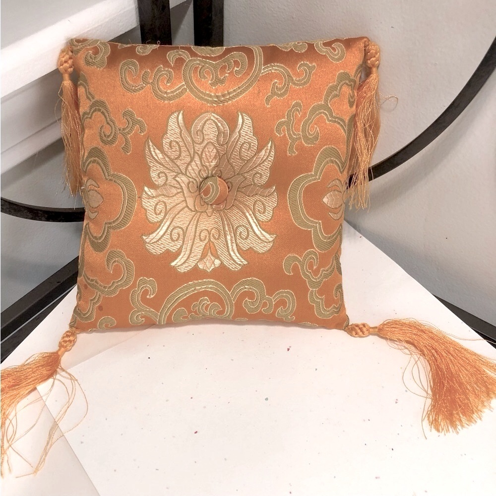Pillow, Orange & Gold Brocade, Size 6x6”